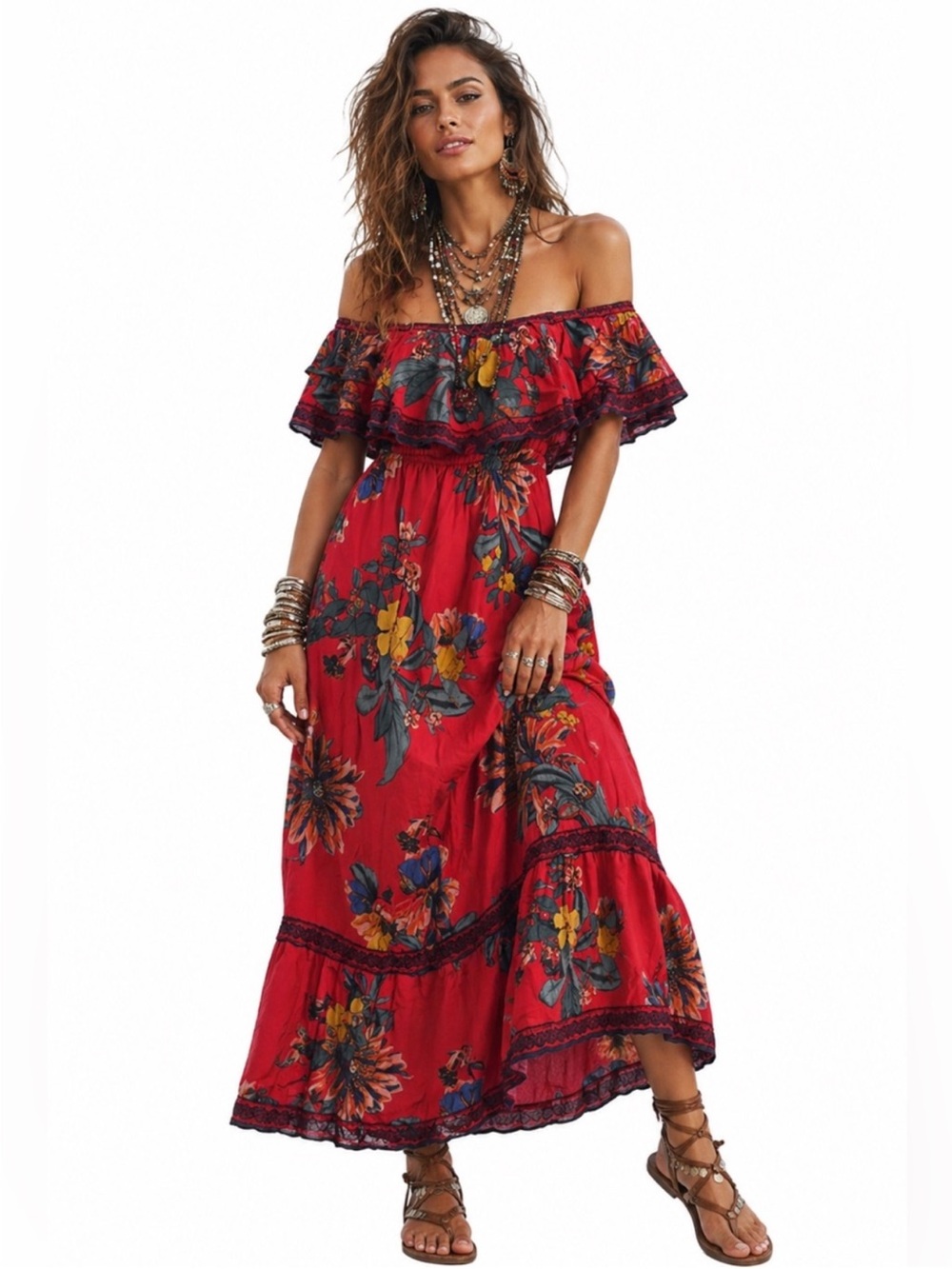 Flying Tomato Red Floral Off-Shoulder Maxi Dress. EUC
